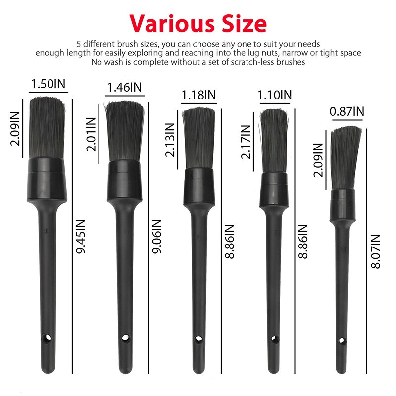 5PC Car Detailing Brush Kit Boar Hair Vehicle Auto Interior For Wheel Clean Sets